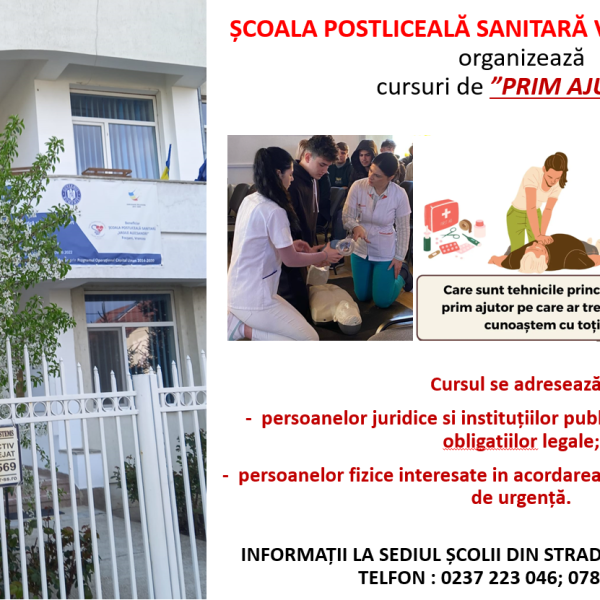 ȘCOALA POSTLICEALĂ SANITARĂ ”VASILE ALECSANDRI” organizează cursuri de ”PRIM AJUTOR”